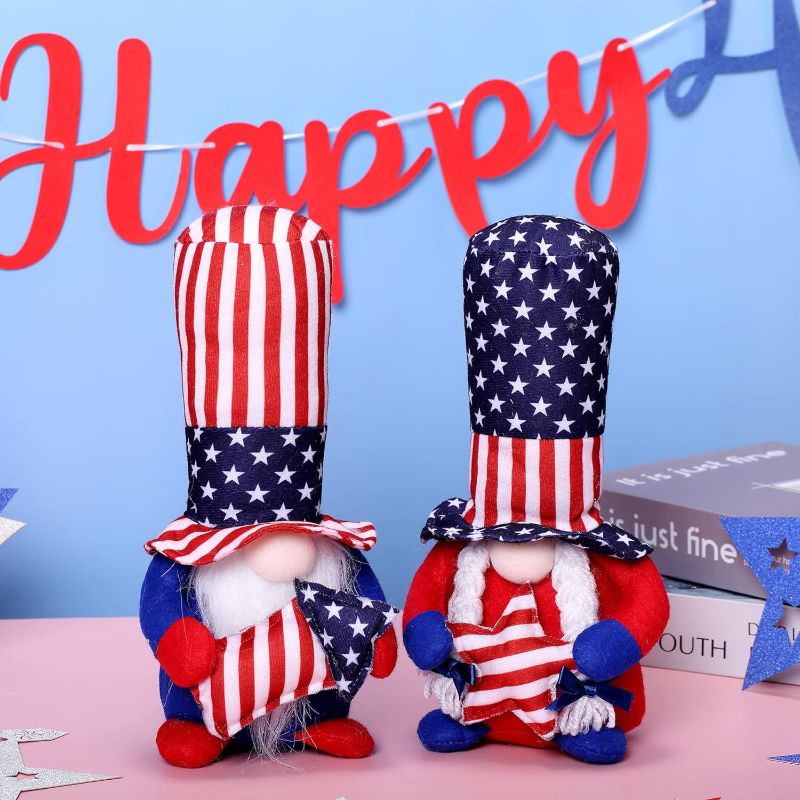 Photo 1 of 4th of July Patriotic Gnome Plush Elf Ornament 2Pcs Handmade Gnome Plush American Couple Scandinavian Tomte 4th of July Veterans Day Memorial Day Gift Independence Day Table Decorations Tray Ornament