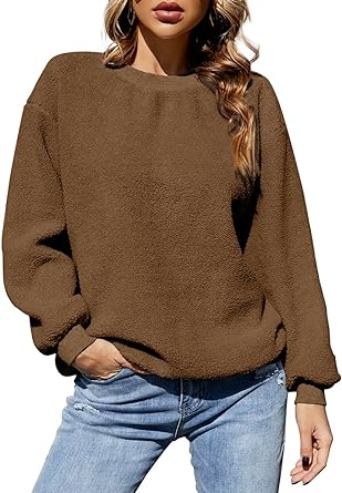 Photo 1 of Chuanqi Womens Crewneck Fuzzy Sweatshirt Fleece Sherpa Pullover Long Sleeve Casual Fluffy Winter Warm Coat Tops ( Brown, XL )
