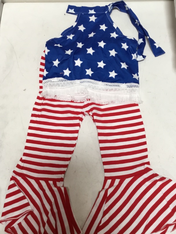 Photo 1 of Toddler Girl 4th of July Outfit USA Flag Sleeveless T-Shirt American Flag Star Striped Bell Bottoms Independence Day Clothes (Blue,2-3T)