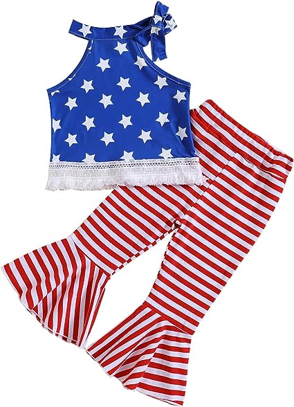 Photo 1 of Toddler Girl 4th of July Outfit USA Flag Sleeveless T-Shirt American Flag Star Striped Bell Bottoms Independence Day Clothes (Blue,2-3T)
