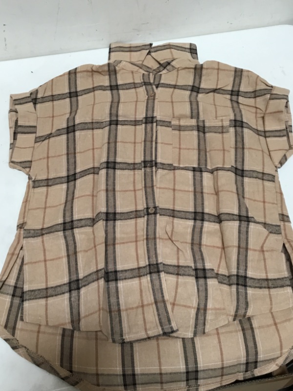 Photo 1 of Womens Flannel Plaid Shirt Button Down Shacket Cap Sleeve Casual Summer Blouse Tops Khaki (S/M)