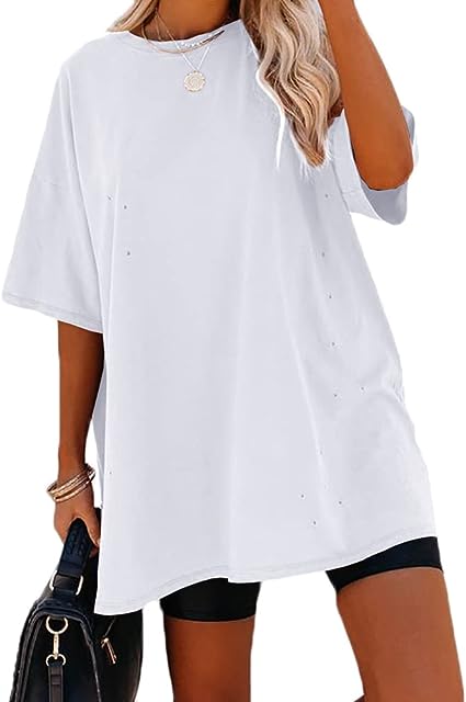 Photo 1 of NIUBIA Women's Oversized Crew Neck Tee Solid Color Short Sleeve T-Shirt with Hole Loose Tops White