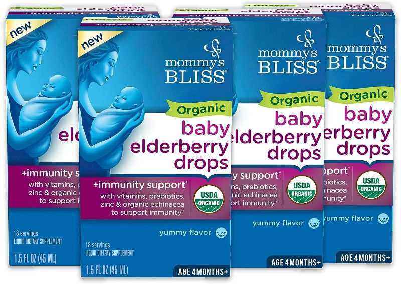 Photo 1 of Mommy's Bliss Organic Baby Elderberry Drops, Immunity Support with Vitamins, Prebiotics, Zinc & Organic Echinacea, Age 4 Months +, 1.5 Fl Oz (4 Pc)