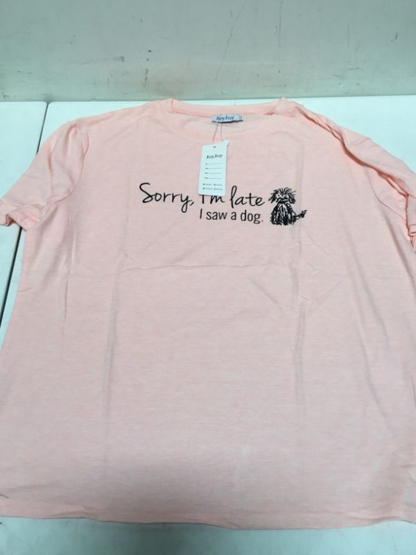 Photo 2 of Sorry I'm Late I Saw A Dog Graphic Tee Shirts for Women Short Sleeve Funny Letter Print T Shirt Cute Dog Mom Shirt Pink (L)