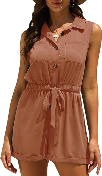 Photo 1 of FERNGIRL Womens Summer Rompers Dressy Sleeveless V Neck Drawstring Waist Casual Soft Beach Short One Piece Jumpsuit (Large)
