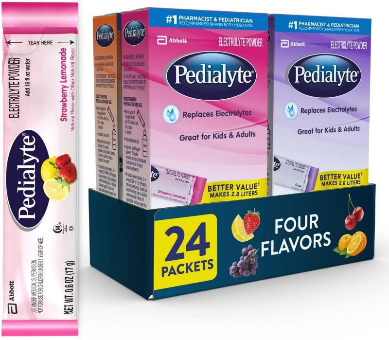 Photo 1 of Pedialyte Electrolyte Powder Packets, Variety Pack, Hydration Drink, 24 Single-Serving Powder Packets