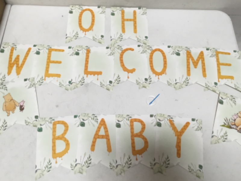 Photo 2 of AURORAPARTY Vintage Winnie Bear Baby Shower Banner Green Pooh OH BABY WELCOME Winnie Banner 1st Birthday Party Decorations Cute Winnie Birthday Party Banner