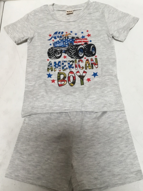 Photo 3 of MODNTOGA Baby Boy 4th of July Outfit USA Flag Romper Offroad Car Graphic Bodysuit American Boy Letter Print Tops Shorts Set (Light Grey Shorts Set, 18-24 Months)