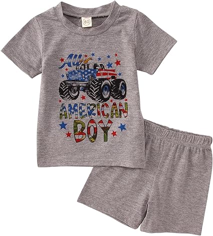Photo 1 of MODNTOGA Baby Boy 4th of July Outfit USA Flag Romper Offroad Car Graphic Bodysuit American Boy Letter Print Tops Shorts Set (Light Grey Shorts Set, 18-24 Months)