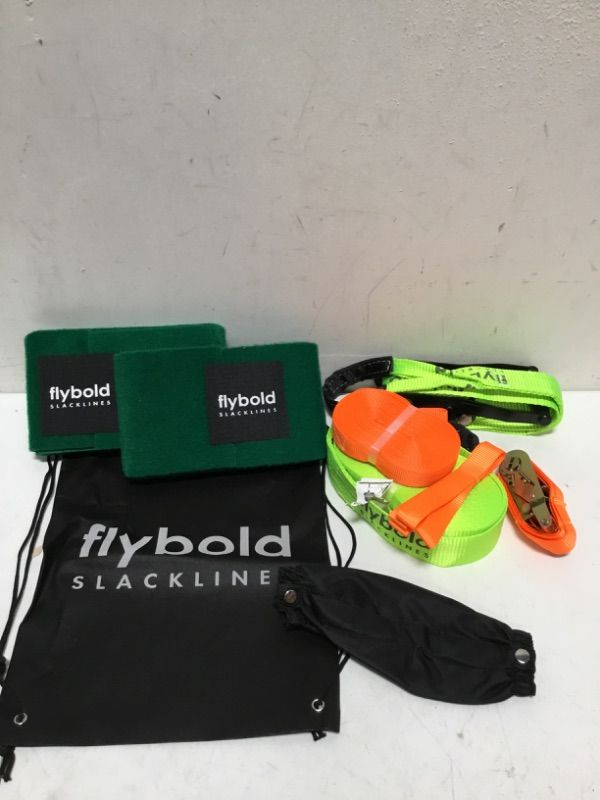 Photo 1 of flybold Slackline Kit with Training Line - 57 ft Kids Backyard Slack Line Equipment - Balance Rope w/Tree Protectors, Arm Trainer, Ratchet Cover & Carry Bag - 57 ft Tight Rope for Kids and Adults COMPLETE KIT