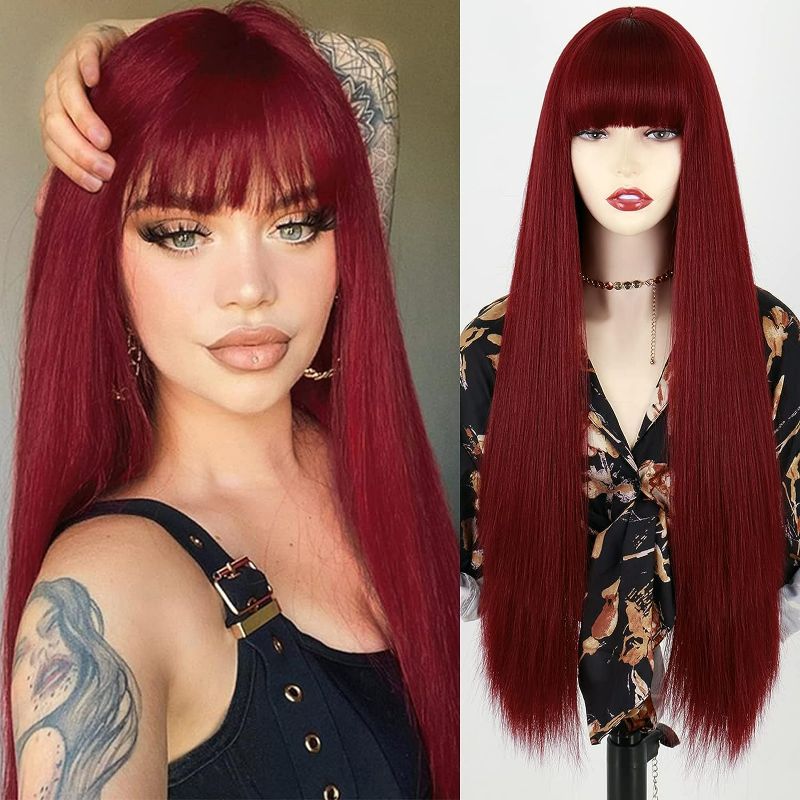 Photo 1 of Long Bright Red Wig with Bangs,Straight Dark Red Wigs for Women,Wine Red Long Straight Heat Resistant Synthetic wig for Fashion Women