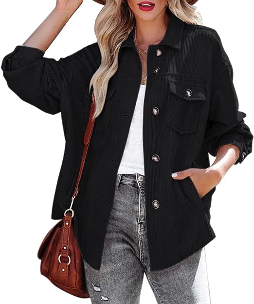 Photo 1 of Women Corduroy Jacket Shacket Casual Long Sleeve Button Down Shirts Coats Tops with Pockets?Black-L)