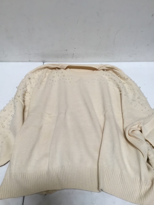 Photo 2 of Women Oversized Sweaters Pullover Crew Neck Batwing Tops Loose Drop Shoulder Knit Ribbed Sweater Cute Pearl Top Beige