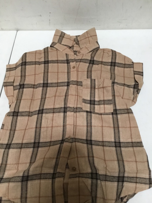 Photo 1 of Womens Flannel Plaid Shirt Button Down Short  Sleeve Casual Summer Blouse Tops Khaki ( XS/S ) 