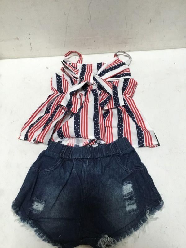 Photo 3 of Goodplayer 4th of July Toddler Girl Outfit US Flag Independence Day Top+Jeans Celebration Denim Shorts Summer Clothes
