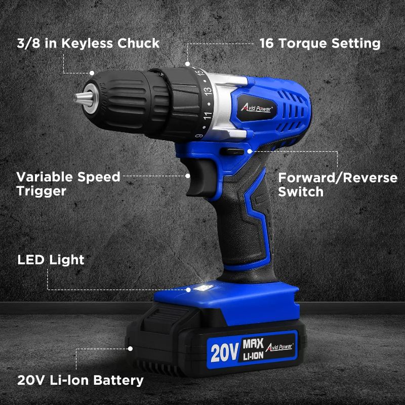 Photo 1 of AVID POWER 20V MAX Lithium lon Cordless Drill Set with Battery
