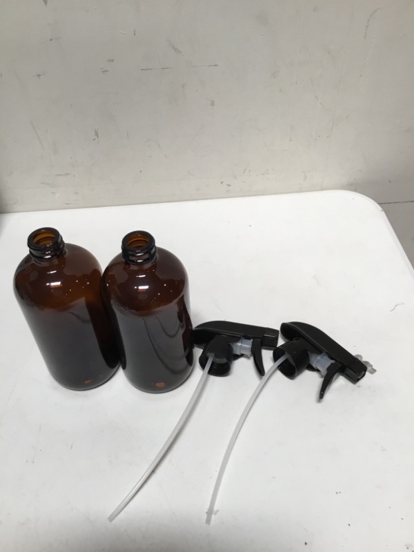 Photo 3 of 2 Pc Amber Glass Boston Round Bottle with Black Trigger Sprayer