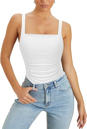 Photo 1 of Berryou Bodysuit for Women Sexy Square Neck Pleated Front Casual Sleeveless Tank Tops Thick Strap Summer Clubwear White S

