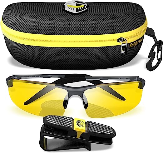 Photo 1 of  Night Driving Glasses For Men/Women - HD Yellow Vision for Maximum Clarity - Knight Visor (Titanium/Black Case, Yellow Amber)