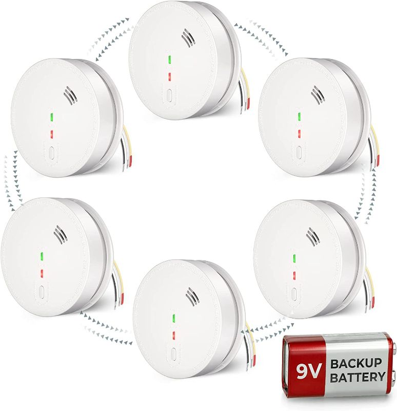 Photo 1 of SITERWELL Smoke Detector, Hardwired Photoelectric Smoke Alarm with DC 9V Backup Battery & Interconnected, Fire Alarm with Silence Button, GS517, 6 Packs