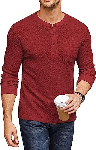 Photo 1 of COOFANDY Men's Henley Shirts Long Sleeve Basic Waffle Pique Pullover T-Shirt with Pocket - M