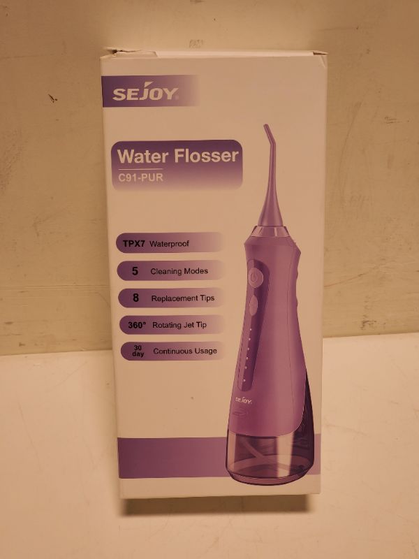 Photo 2 of Sejoy Water Flossers, Water Picks for Teeth Cleaning, Water Flosser for Teeth Rechargeable Cordless, Electric Portable, 5 Cleaning Modes 8 Jet Tips, IPX7 Waterproof, 230ml, for Travel and Home Purple