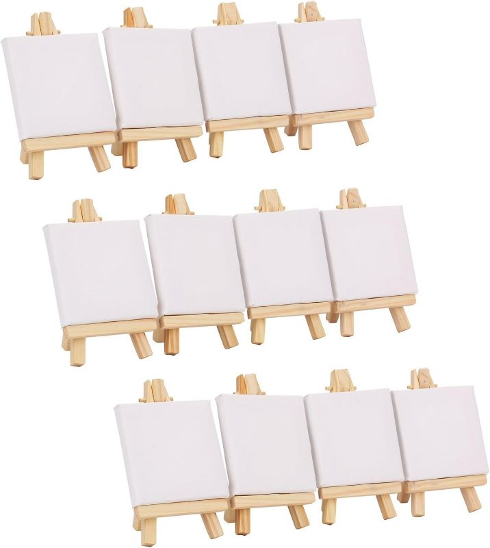 Photo 2 of PACK OF 12 -  Mini Canvas and Easel Set Mini Canvas Panels Mini Wood Easel -  3" X3" 