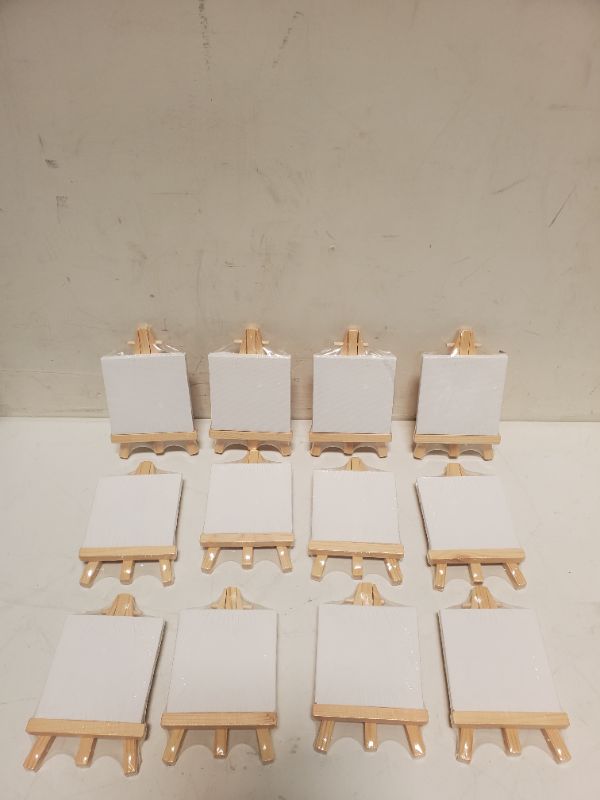 Photo 5 of PACK OF 12 -  Mini Canvas and Easel Set Mini Canvas Panels Mini Wood Easel -  3" X3" 