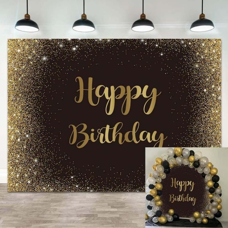 Photo 1 of Black/Gold Happy Birthday Backdrop Gold Glitter Spots Photography Background Adults Man Boy Birthday Party Table Wall Decoration Photo Booth Studio Props 