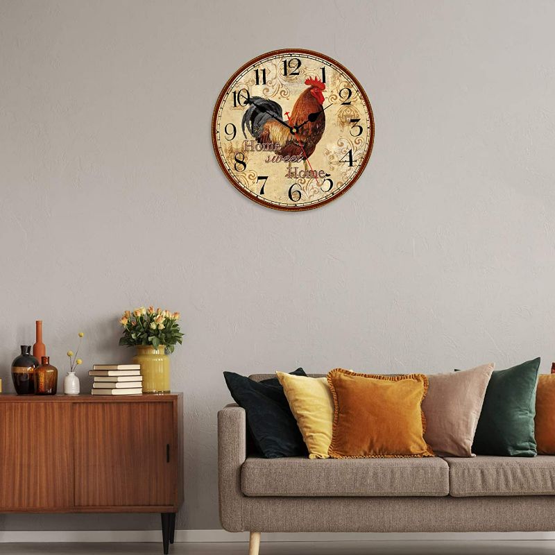 Photo 2 of TAHEAT Farmhouse Rooster Wall Clock Battery Operated Silent Arabic Numerals Clock, Country Vintage Wall Clocks for Home/Office/School, 8 Inch