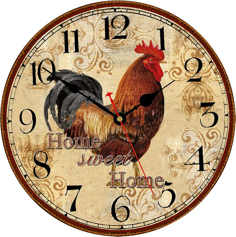 Photo 1 of TAHEAT Farmhouse Rooster Wall Clock Battery Operated Silent Arabic Numerals Clock, Country Vintage Wall Clocks for Home/Office/School, 8 Inch