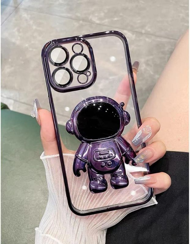 Photo 1 of AIGOMARA 6D Plating Astronaut Hidden Stand Case Cover for iPhone 14 Pro Max Women Astronaut Folding Bracket Kickstand iPhone Case with Camera Protector Soft TPU Shockproof Bumper 6.7 in 2021 - Purple