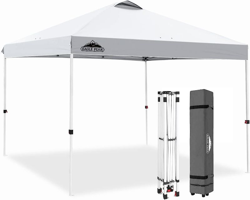 Photo 1 of EAGLE PEAK 10x10 Pop Up Canopy Tent Instant Outdoor Canopy Easy Set-up Straight Leg Folding Shelter with 100 Square Feet of Shade (White)