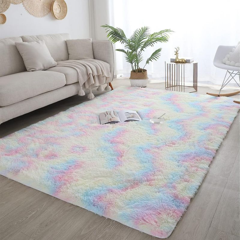 Photo 1 of  Soft Fluffy Rainbow Area Rug for Girls Room, Colorful Shaggy Kids Room Rug for Children Toddler Baby Little Girls Bedroom Nursery Home Decor, Cute Floor Carpets Plush Playing Mat, 5x8 Feet