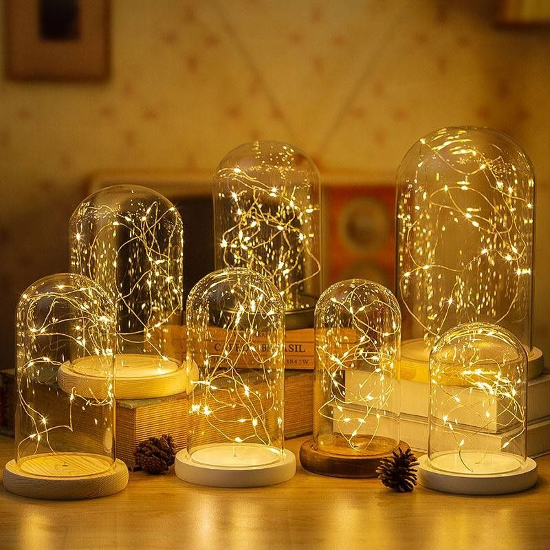 Photo 1 of 12PC GLarge Glass Dome Cloche with Natural Wood Base, Battery Operated LED Fairy Light for Display Dome Lamp, Succulents, Keepsakes, Decorative Fill, Wedding Bouquets, Photos