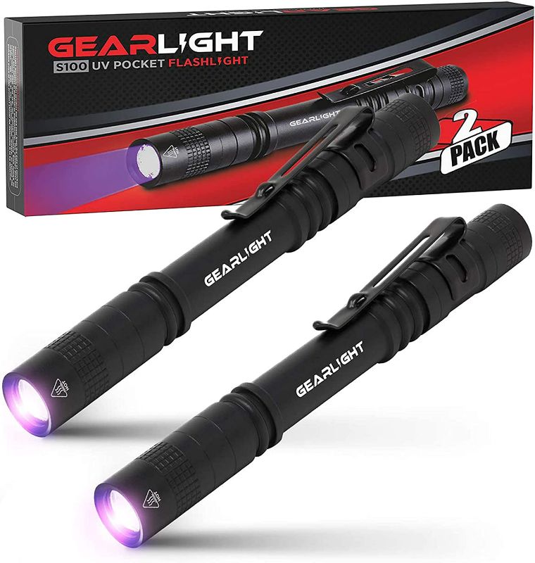 Photo 1 of GearLight UV Black Light Flashlight S100 [2 Pack] - Mini Blacklight Ultraviolet Pen Lights for Leak and Hotel Inspection - Pet Urine, Bed Bug, Scorpion, Stain, and Dye Detector