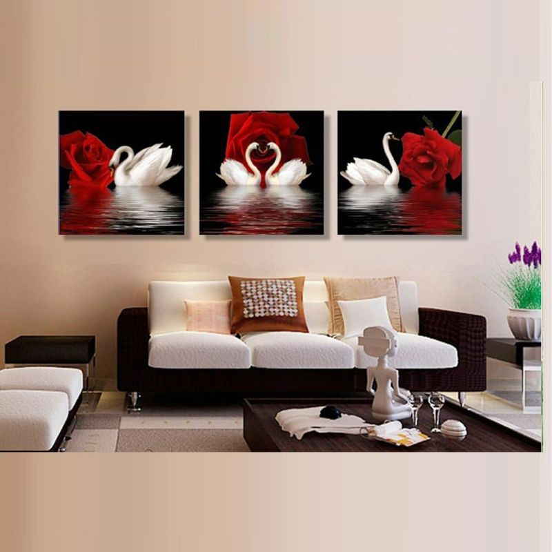 Photo 2 of Swan Red Rose Dream Modern 3 Piece Canvas Prints Beautiful Flowers Stretched and Framed Pictures Paintings on Canvas Wall Art Work for Bedroom Home Decorations - 24" X 24" 