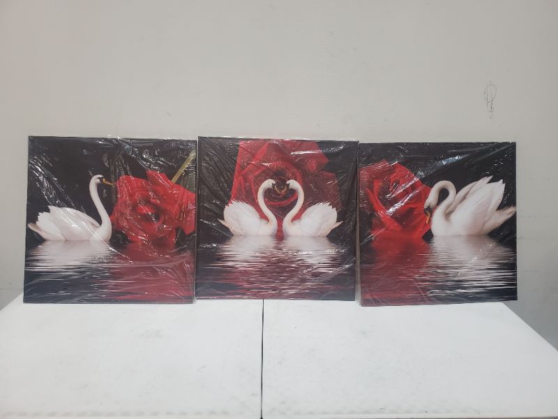 Photo 4 of Swan Red Rose Dream Modern 3 Piece Canvas Prints Beautiful Flowers Stretched and Framed Pictures Paintings on Canvas Wall Art Work for Bedroom Home Decorations - 24" X 24" 