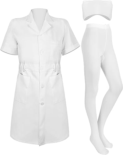 Photo 1 of 3 Pieces Set White Short Sleeve Professional Medical Lab Coat Nurse Cap Solid Color Footed Pantyhose Costume for Women - SIZE M 