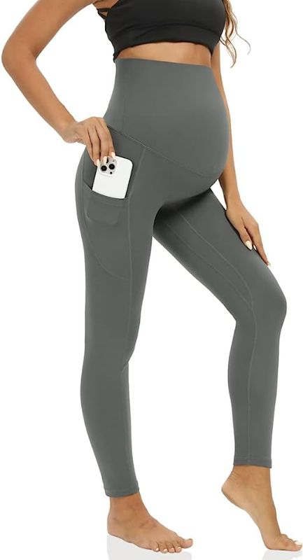 Photo 1 of GRAY Maternity Leggings Over The Belly with Pockets, Stretchy Pregnancy Yoga Pants, Comfy Activewear