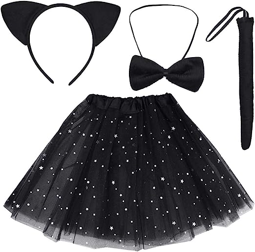 Photo 1 of Black Cat Costume Set Cat Ears Headband Tail Bowtie Tutu-Halloween, Dress Up, Kids Cosplay Accessory Kit