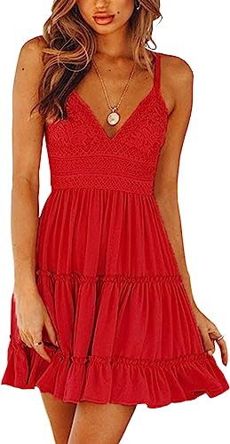 Photo 1 of ECOWISH Womens V-Neck Spaghetti Strap Bowknot Backless Sleeveless Lace Mini Swing Skater Dress- RED - SIZE  X - LARGE 