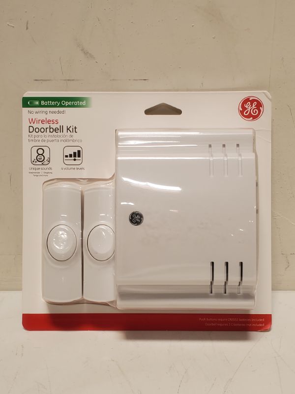 Photo 2 of GE Wireless Doorbell Kit, Battery Operated Receiver, 2 Push Buttons Door Bell, 8 Melodies Doorbell Chime, 4 Volume Levels, Classroom Doorbell, 150 Ft Range, White, 19297 2 Push Button | Battery-Operated Receiver Receiver