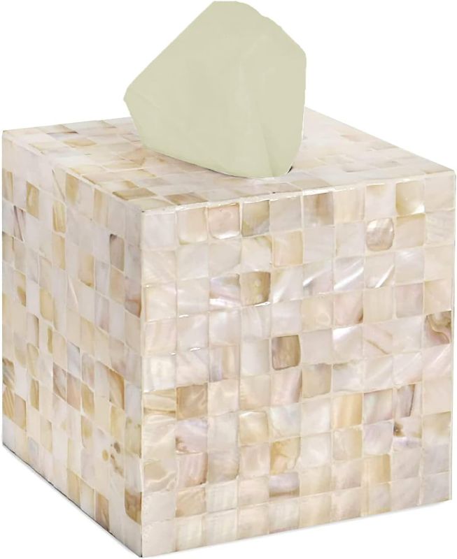 Photo 1 of CLAYNIX Tissue Box Cover - Mosaic Mother of Pearl Inlay Cube - Napkin Holder Square - Toilet Paper Storage - Decorative Organizer for Bathroom Vanity Countertop, Night Stands (White)