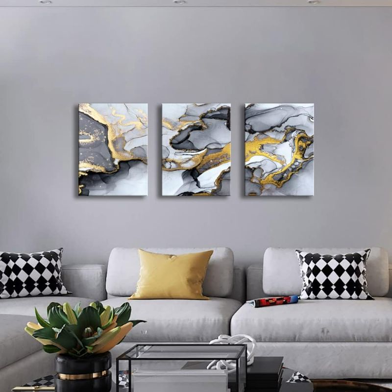 Photo 2 of Black and White Grey Abstract Art,Modern Framed Gold Fluid Ink Canvas Wall Art Prints,Wall Art for Bedroom Living Room Office Wall Decor Picture Artwork Home Decor Ready to Hang 12" X 16" 3 Pieces