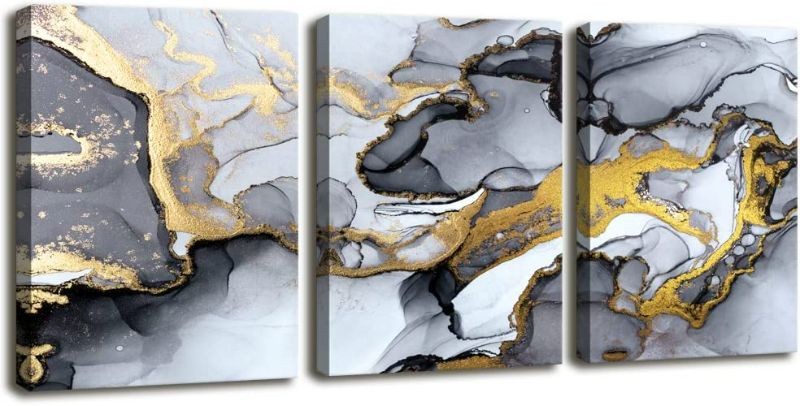 Photo 1 of Black and White Grey Abstract Art,Modern Framed Gold Fluid Ink Canvas Wall Art Prints,Wall Art for Bedroom Living Room Office Wall Decor Picture Artwork Home Decor Ready to Hang 12" X 16" 3 Pieces