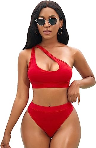 Photo 1 of BEVITA High Waisted Bikini One Shoulder Push Up Sporty Swimsuit for Women Cutout High Cut Bathing Suit - RED - XXL 