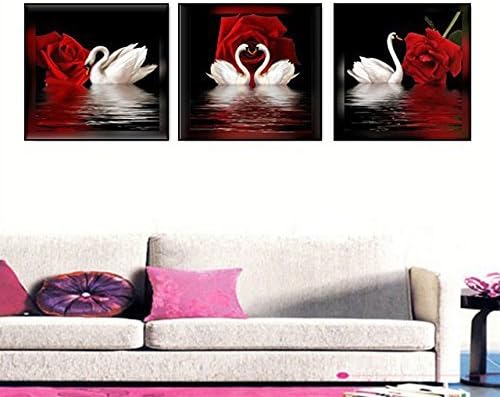 Photo 2 of 3 Panels Beautiful Romantic Swans Art Print on Canvas Red Rose Flowers Wall Art Decor Stretched Frames for Bedroom Bathroom Ready to Hang - Each Panel measures 24" X 24" 