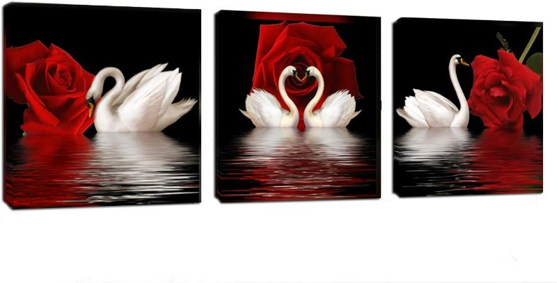 Photo 1 of 3 Panels Beautiful Romantic Swans Art Print on Canvas Red Rose Flowers Wall Art Decor Stretched Frames for Bedroom Bathroom Ready to Hang - Each Panel measures 24" X 24" 