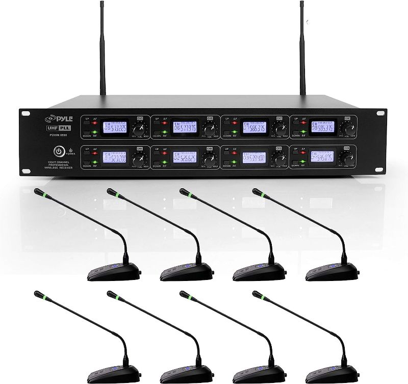 Photo 1 of Pyle 8 Channel Conference Microphone System - UHF Desktop, Table Meeting Wireless Microphones & Receiver w/ 8 Gooseneck Mics, Rack Mountable & LED Audio Signal Indicator Lights PDWM8880